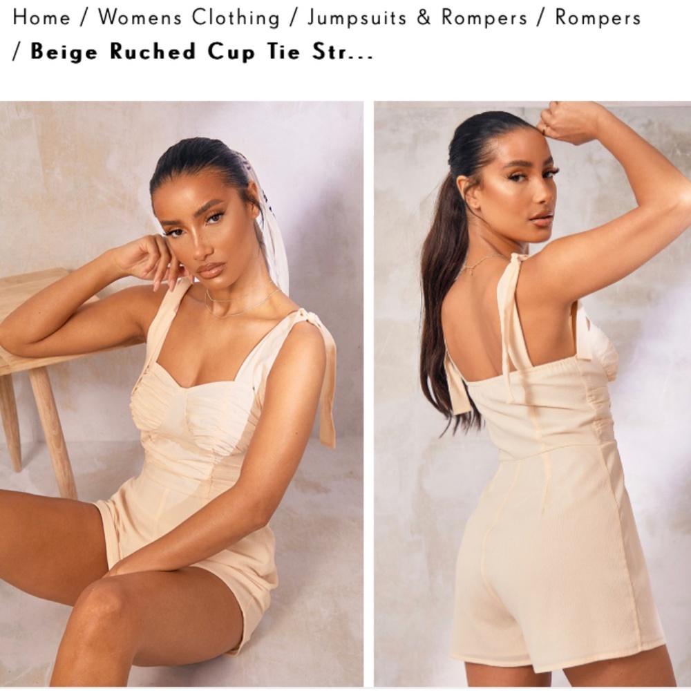Beige Ruched Cup Tie Strap Romper Size UK 14
